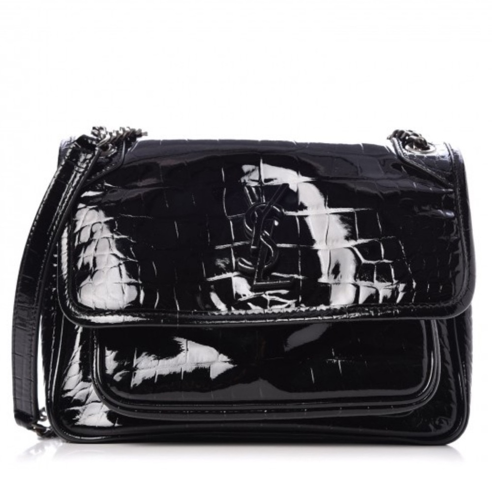 Saint Laurent Black Croc-Embossed Shoulder Bag